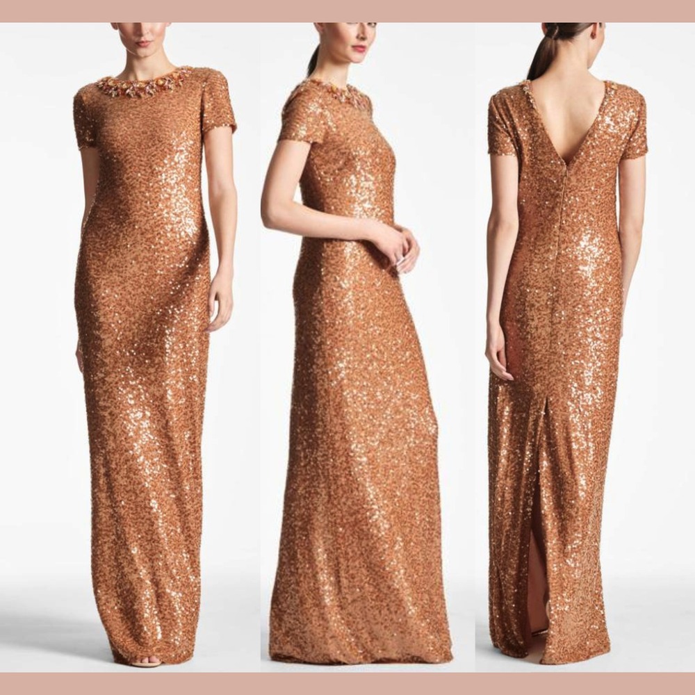 NWT $1095 SACHIN & BABI [ 0 ] Shiloh Short Sleeve Sequin Gown Honey Bronze J1517